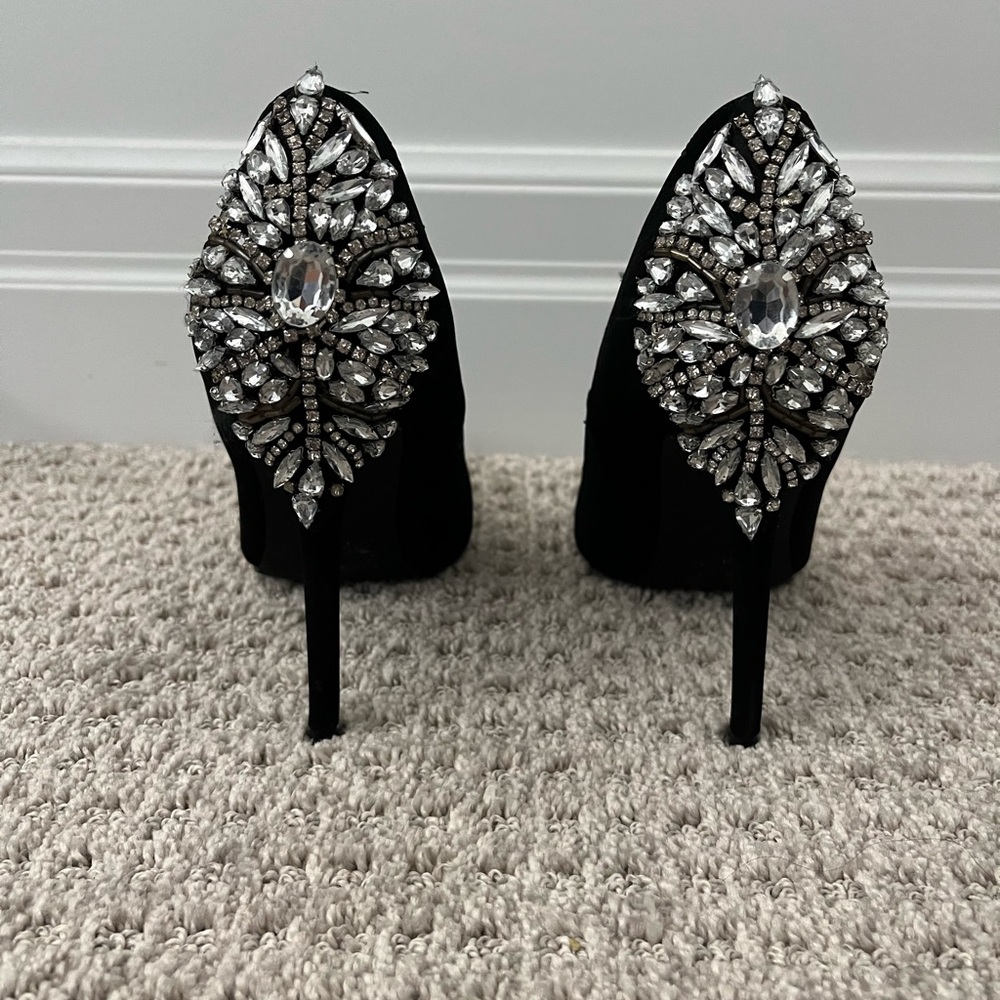 Charlotte Russe Black Suede Heels with Rhinestone Embellishments